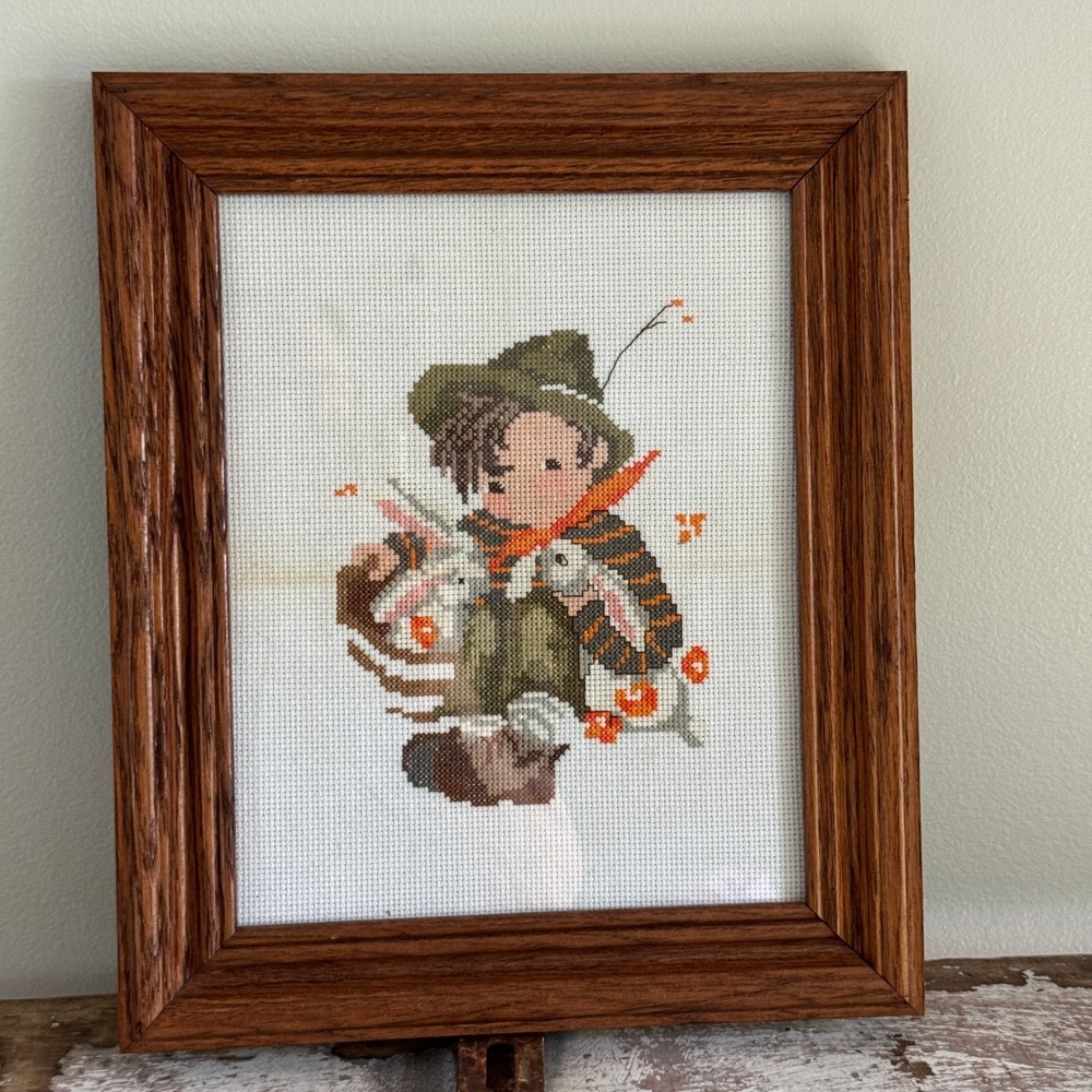 Vintage Handmade Cross Stitch Boy with Rabbit Framed Needlepoint Art Gallery
